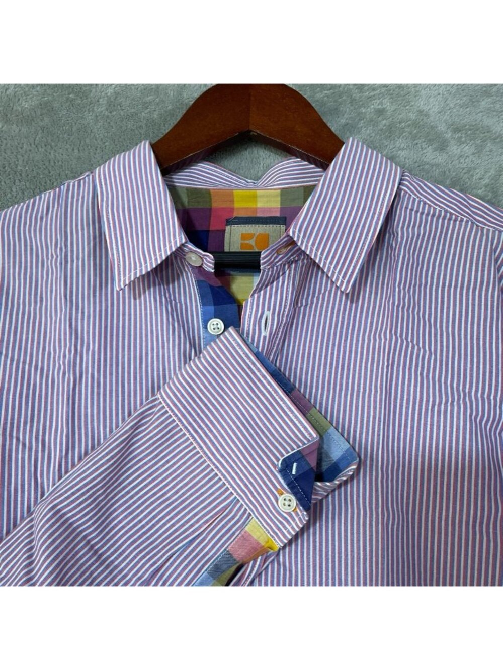 Boss Orange Men's XL Striped Long Sleeve Button-Up Shirt Cotton Red & Blue C0932